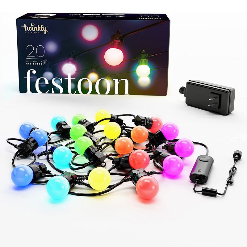 Twinkly Festoon App-Controlled LED Bulb Lights String Multicolor RGB (16 Million Colors) Black Cable. Indoor and Outdoor Smart Lighting Decoration, 1 of 6