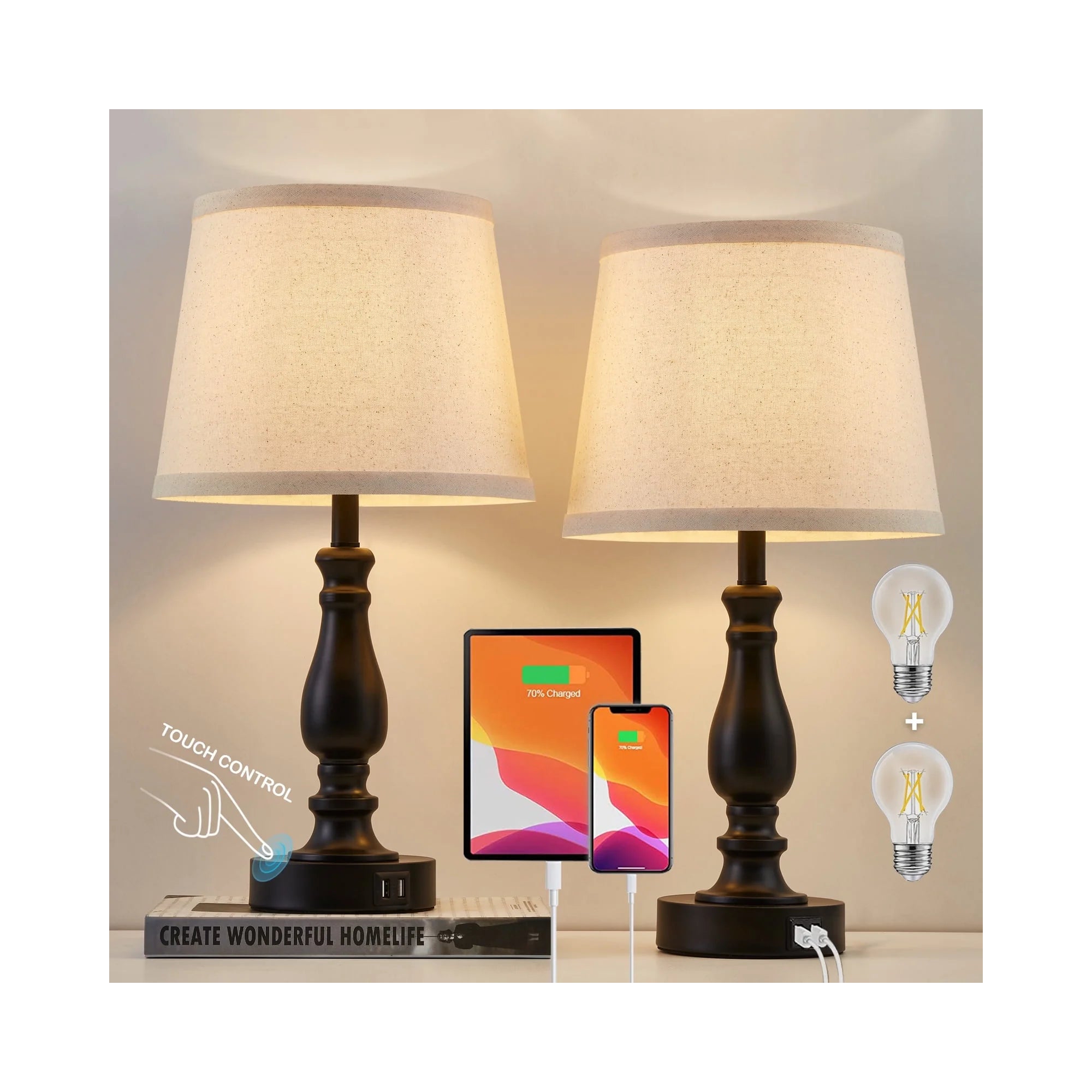 NATYSWAN Table Lamps Set of 2,Dimmable Touch Lamps for Bedroom with USB Charging Ports, Modern Small Lamp for Nightstand, Living Room,Black