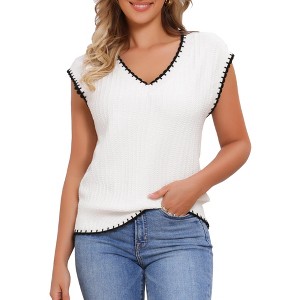 INSPIRE CHIC Women's V Neck Sleeveless Ribbed Contrast Color Trim Sweater Vest - 1 of 4