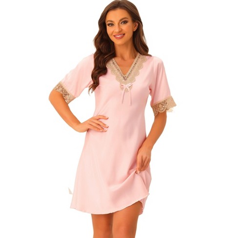 cheibear Womens Shorts Sleeves Pajamas V Neck Sleepwear Lace Trim Lounge  Nightgowns Pink X Small