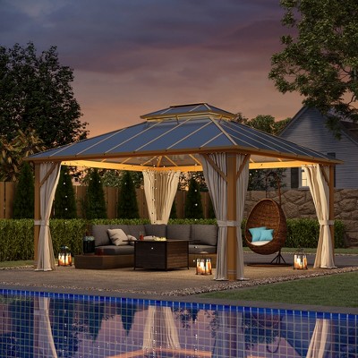 12x14ft Faux Wood Aluminum Hardtop Gazebo with Curtains