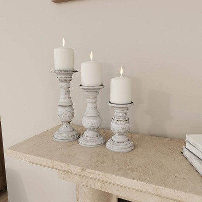Set of 3 White Distressed Wood Pillar Candle Holders