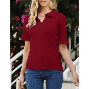 Womens Summer Shirts Short Sleeve V Neck Knit Polo Sweaters Ruffle Tops for Women - 1 of 4