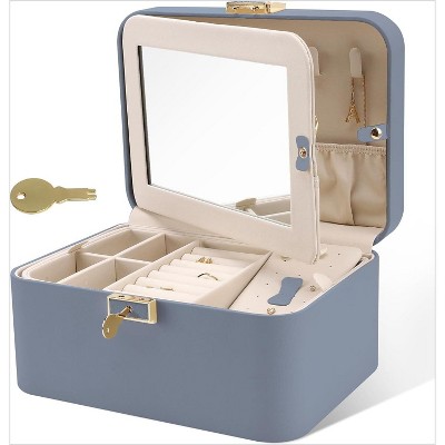 Jewelry Organizer Box, 2 Layers, Large Capacity, Double Lock and Large Mirror, Hidden Necklace Hooks, Removable Dividers