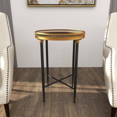 Black Round Metal and Stone Accent Table with Graduated Legs