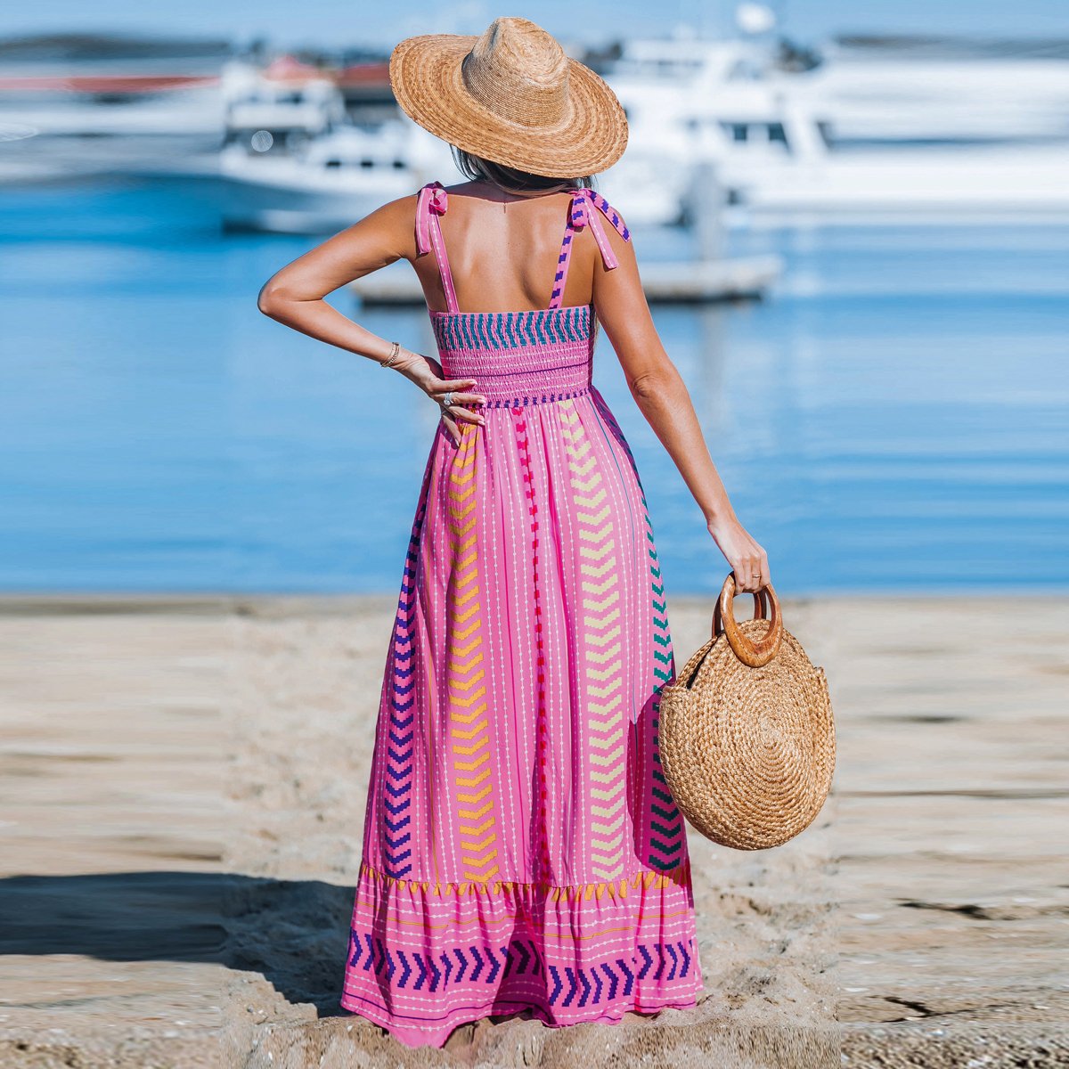 Женские платья Cupshe Women's Chevron Striped Self-Tie Strap Maxi Dress-M-Pink — фото 2