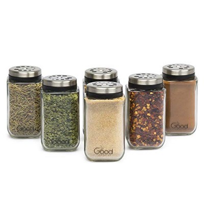 Adjustable Glass Spice Jars- Set of 6 Sleek Seasoning Shaker Rub Container Tins with 6 Pouring Sizes