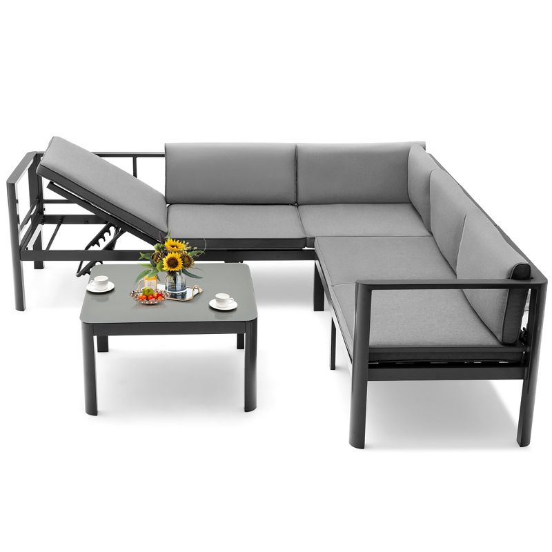 Costway 3PCS Patio Furniture Set Aluminum Lounge Adjust Back Recliner Sofa Table Cushion, 5 of 11
