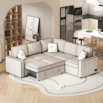 83" L-Shaped Modern Convertible Pullout Sofa Bed with 2 USB Ports, 2 Power Outlets, and 2 Pillows - ModernLuxe