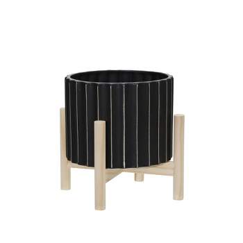 Sagebrook Home Fluted Round Ceramic Planter Pot with Wood Stand Black