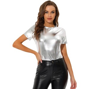 INSPIRE CHIC Women's Clubwear Short Sleeve Shiny Metallic Blouse - 1 of 4