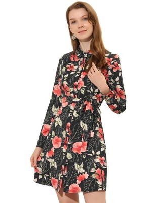 INSPIRE CHIC Women's Lapel Button Down Belted Mini Vintage Polka Dots Floral Shirt Dress