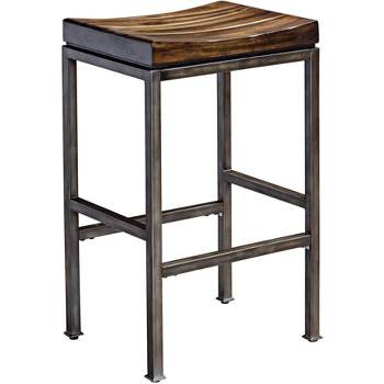 Uttermost Brushed Steel Bar Stool Silver 30" High Rustic Dark Walnut Wood Seat with Footrest for Kitchen Counter Height Island