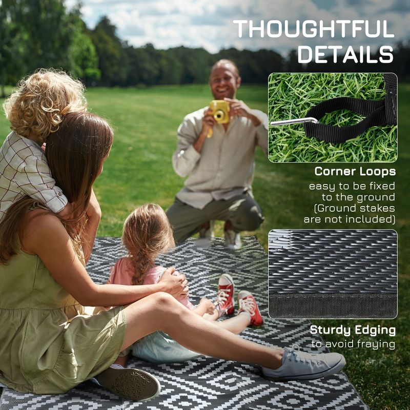 Outsunny RV Mat, Outdoor Patio Rug / Large Camping Carpet with Carrying Bag, 8' x 10', Waterproof Plastic Straw, Reversible, Black & Gray Geometric, 5 of 7