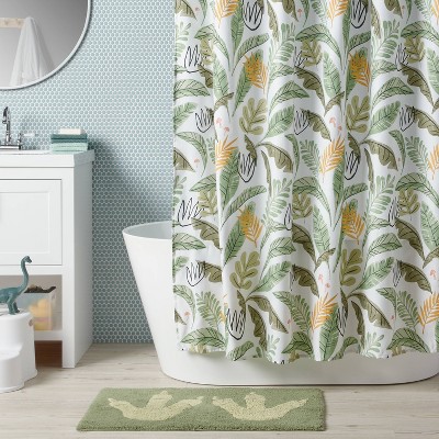 Green and White Botanical Print Fabric Shower Curtain