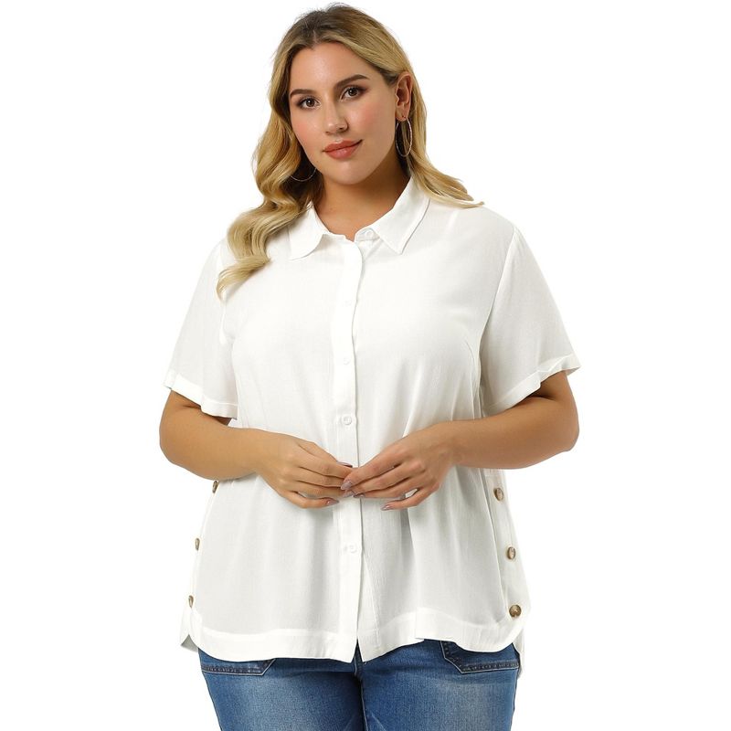 Agnes Orinda Women's Plus Size Relaxed Fit Semi-Sheer Button Front Side Slit Roll Up Sleeve Shirt, 4 of 7