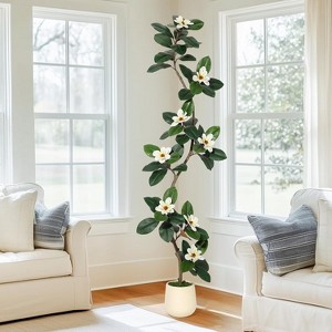 Rubber Tree Artificial Tree in White Planter Pot,Faux Plants Indoor Faux Floor Plant Artificial Plants with Magnolia Flowers for Home Decor - 1 of 4