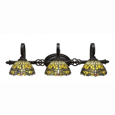Toltec Lighting Elegante 3 - Light Vanity in  Dark Granite with 7" Amber Dragonfly Art Glass Shade