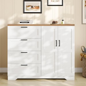 GustoWave 43.3'' Multifunctional Wooden Dresser, Low Storage Cabinet for Bedroom, 2 Door Wardrobe Armoire Closet with 4 Drawers and Hanging Rod - 1 of 4