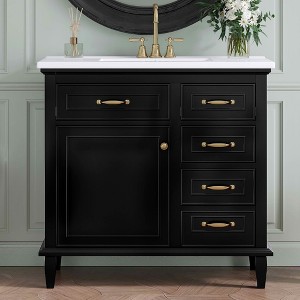 MAYEERTY 36" Bathroom Vanity Ceramic Sink Top Solid Wood MDF Poplar Cabinet Flip Drawers Adjustable Shelves Zinc Handles - 1 of 4