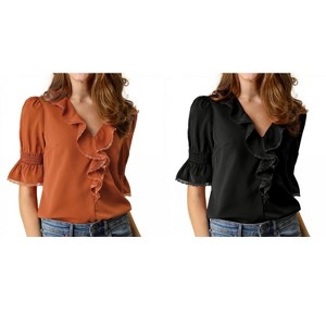 Allegra K Women's Ruffle V Neck Puff Sleeve Summer Casual Chiffon Peasant Top 2 Packs - 1 of 4