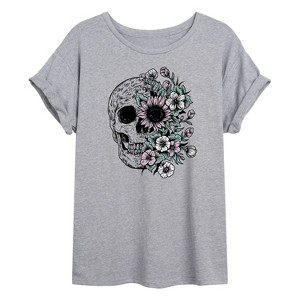 Women's - Instant Message - Half Skull Half Flowers Oversized Graphic T-Shirt - 1 of 4