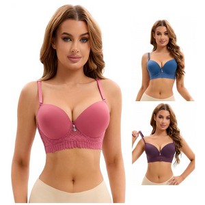 INSPIRE CHIC 3 Pcs Women's Lace Trim Underwire Adjustable Straps Plus Cup Size Push Up Bras - 1 of 4