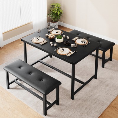 Dining Table Set for 4, Kitchen Table with 2 Upholstered Benches, 3-Piece Dining Room Set for Kitchen, Apartment and Small Spaces