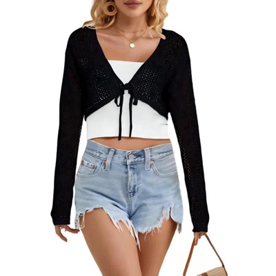 Front Tie V Neck Crochet Sweater Caridigan Long Sleeve Mesh Cover Up Tops Sheer Cardigan