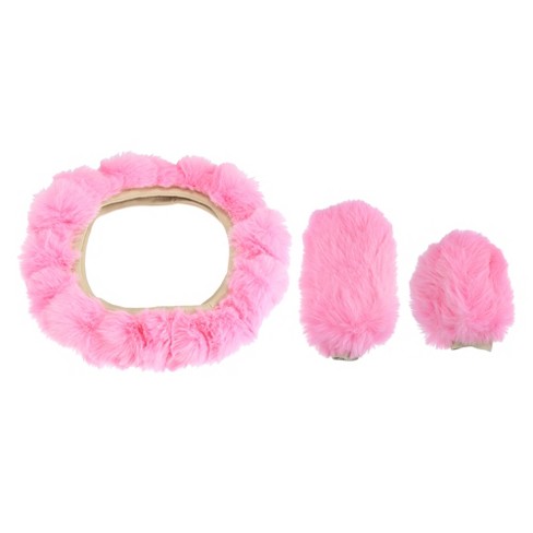 Unique Bargains 1 Set Fluffy Car Steering Wheel Cover Fit for 15 Soft Fluffy Handbrake Cover Gear Shift Boot Cover Universal Short Hair - Dark Pink