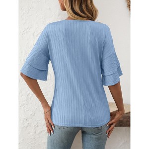 Women's Solid Color Casual Double Flutter Sleeve T-Shirt - Soft Relaxed Fit Tee with Design Detail Sleeves for Everyday Wear - 1 of 4