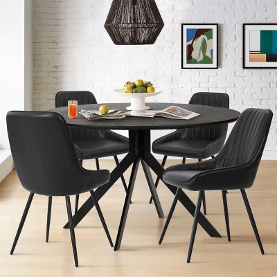 5-Piece Black Round Dining Table Set, 43'' Pedestal Table with 4 Faux Leather Upholstered Chairs, Modern Kitchen & Dining Furniture-Maison Boucle