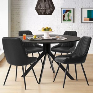 5-Piece Black Round Dining Table Set, 43'' Pedestal Table with 4 Faux Leather Upholstered Chairs, Modern Kitchen & Dining Furniture-Maison Boucle - 1 of 4