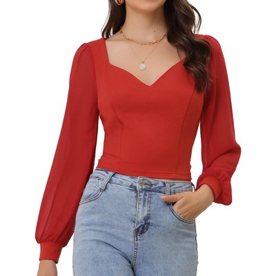 Allegra K Women's Tie Back Long Sleeve Banded Cuff Sweetheart Neck Top