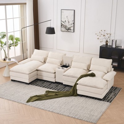 123'' Chenille U-Shaped Sectional Sofas Modern Double Chaise Symmetrical 6-Seater Sofa with Console, Cupholders and USB Ports