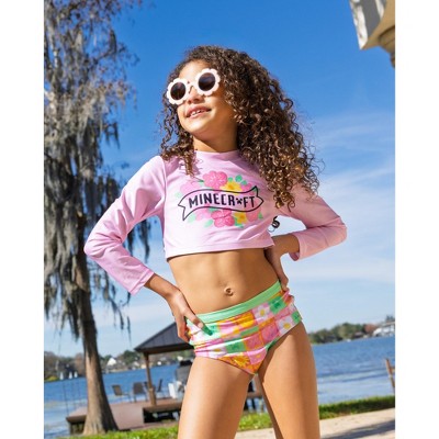 Minecraft Little Girls Rash Guard and Bikini Bottom UPF 50+ Swim Set Pale Pink / Green 7-8 — фото 2