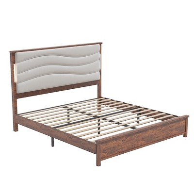 CLIHOME Beige Linen Upholstered Headboard Bed Frame with Charging Station and LED Lights, Wood Slats