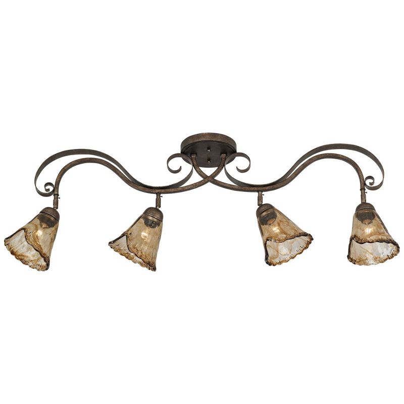 Pro Track 4-Head LED Bulbs Set Ceiling Track Light Fixture Kit Adjustable Brown Bronze Finish Organic Amber Glass Farmhouse Rustic Kitchen 41" Wide, 5 of 10