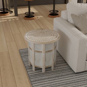 Royal Hampton Accent Side Table with 18" Round Mango Wood Top and Hand-Carved Inlay Mandala Design - 1 of 4