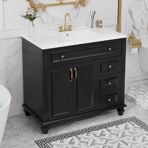 KIGFTSOD 36" Bathroom Vanity with Sink, White Vanity Cabinet with Flip-Out Drawer, 3 Drawers, 2 Soft-Close Doors - 1 of 4