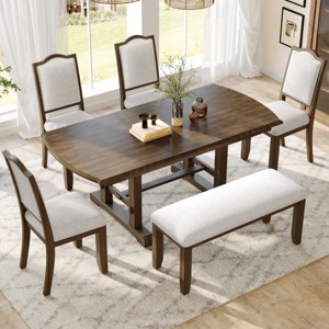 Extendable Dining Table Set for 6,6-Piece Kitchen Table with Bench and Upholstered Chairs,Traditional Wood Dining Set-The Pop Home - 1 of 4