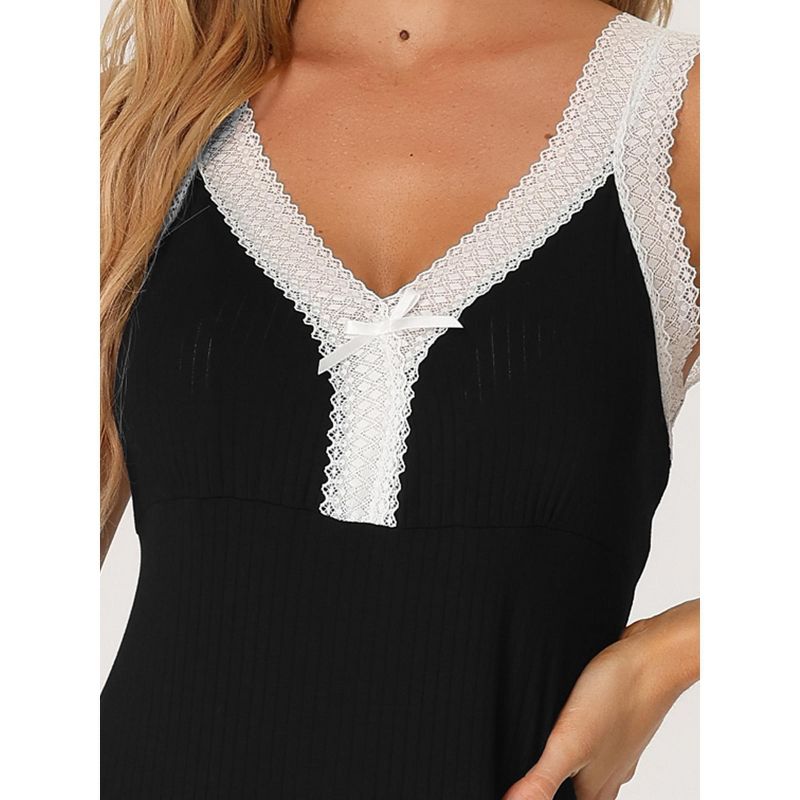 cheibear Women's Modal Sleeveless V Neck Pajamas Dress Sleepwear Lace Trim Lounge Nightgowns, 4 of 6