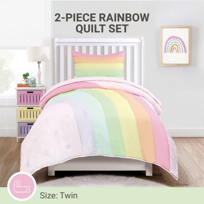 Pink Twin Microfiber Rainbow Quilt Set with Sham