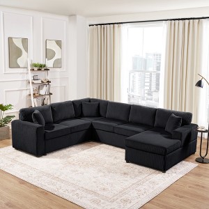 ModernLuxe Oversized U-Shaped Sectional Sofa with Chaise Lounge, 115.3"W Corduroy Sectional Sofa with 3 Throw Pillows, Light Gray/Black - 1 of 4