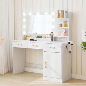 Vanity Desk with Mirror, LED Lights and Power Outlet Makeup Table with 3 Drawers and Storage Shelves Dressing Table for Bedroom Dressing Room - 1 of 4