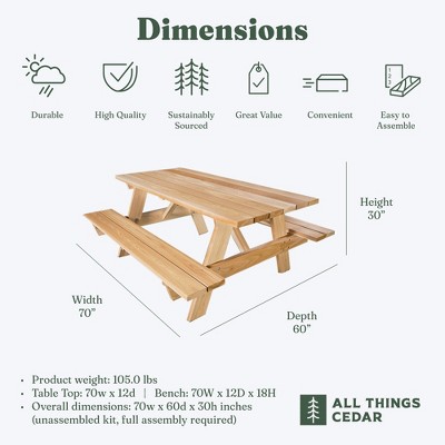 Handcrafted 6-ft Natural Cedar Outdoor Picnic Table with Benches