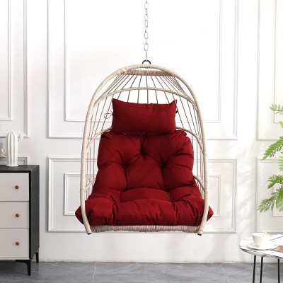 Balcony Garden PE Rattan Hanging Egg Chair,Outdoor Patio Metal Frame Swing Chair,Indoor Woven Rattan Hanging Chair with Cushions-Coolbibila