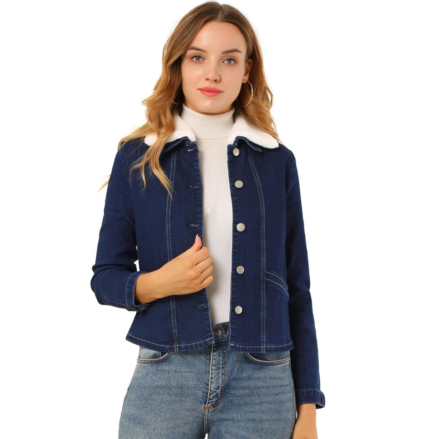 Женская куртка Allegra K Detachable Collar Long Sleeve Button Down Denim Jacket Dark Blue, цвет: Джинсовый — фото 1