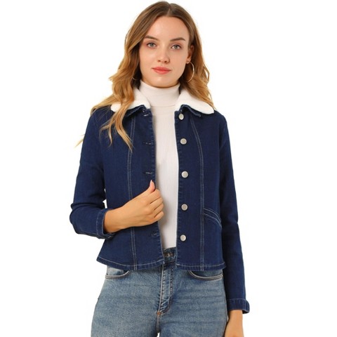 Женские куртки Allegra K Detachable Collar Long Sleeve Button Down Denim Jacket Dark Blue Small
