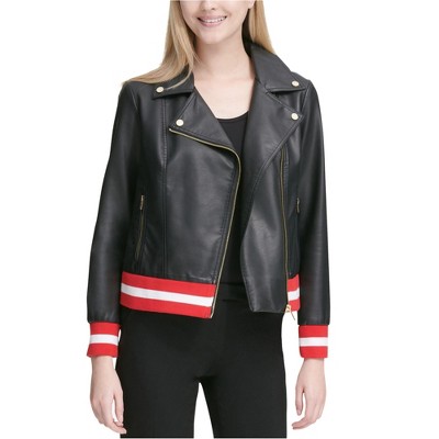 Calvin Klein Womens Contrast Trim Faux Leather Motorcycle Jacket Target